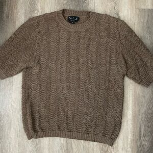 Agnes B. Taupe Alpaca Crochet Open Knit Short Sleeve Sweater Pullover Top Size 3